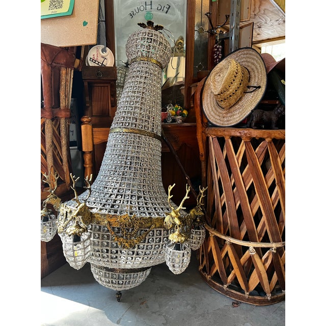 Vintage Extra Large Gold and Crystal Deer Head 18-Light Chandelier For Sale In Atlanta - Image 6 of 12