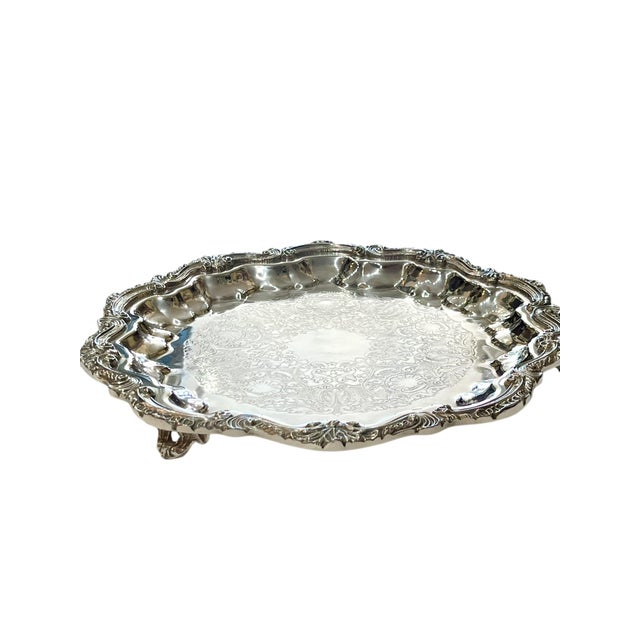 English Vintage Footed Silver Salver Cocktail Tray Shell Detailing For Sale - Image 3 of 12