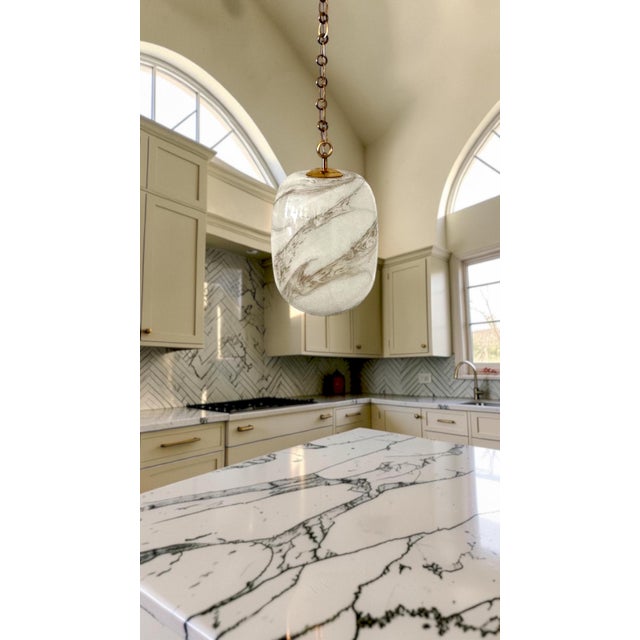 Italian Handblown Faux Alabaster Glass Pendant With Brass Chain and Fittings For Sale - Image 16 of 18