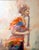 This oil painting depicts a clarinet player in motion, captured mid-performance with an expressive use of vibrant colors...