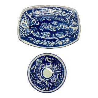 Antique Blue and White Onofre Mexico Talavera Pottery Tray & Bowl - 2 Pieces For Sale