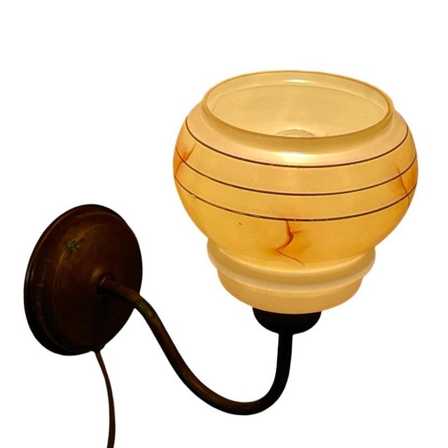 Art Deco Wall Mounted Lamp with Marbled Glass on Brass Base For Sale - Image 9 of 9