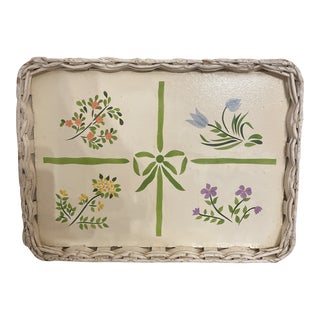 Vintage Tray With Stenciled Bottom and Wicker Sides For Sale