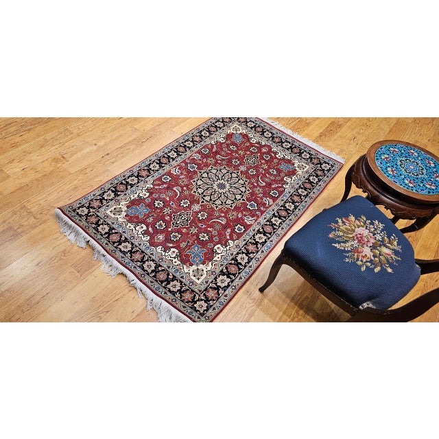 Vintage Persian Tabriz Area Rug, Hand-Knotted Wool & Silk, Floral Pattern, Pomegranate-Red & Navy, 3x5 For Sale In Chicago - Image 6 of 18