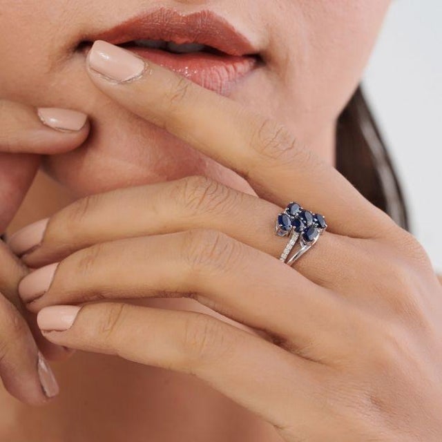 Not Yet Made - Made To Order 1.48ct Blue Sapphire & Diamond Cluster Ring in 14k White Gold Size 7 For Sale - Image 5 of 17