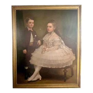 Mid 1800s Oversized Portrait Painting of Nantucket Sea Captain’s Jared Coffin’s Children, Framed