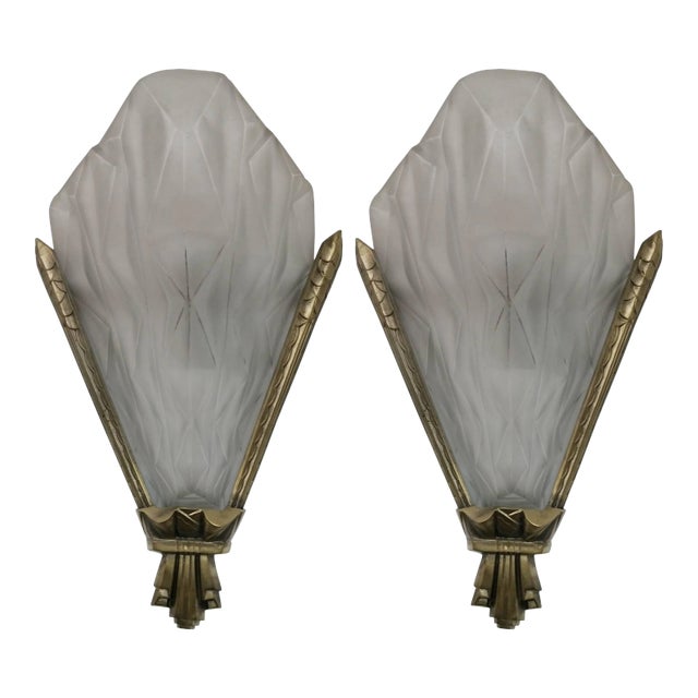 French Art Deco Wall Sconces Signed by Degue - a Pair For Sale