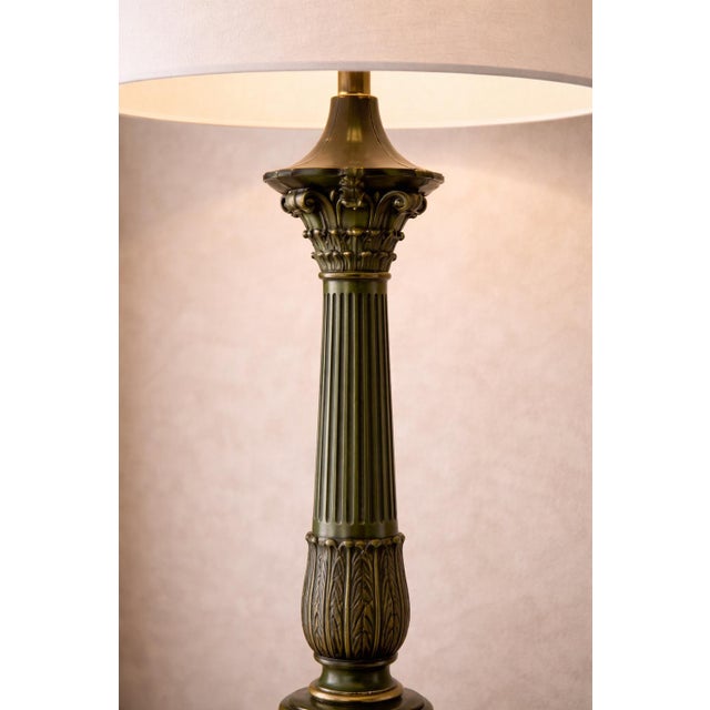 Mid 20th Century Vintage Neoclassical Green & Brass Column Table Lamp – Fluted Corinthian Style, 32” For Sale - Image 5 of 6