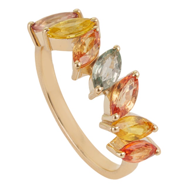 Mid 19th Century 2.05ct Marquise Cut Rainbow Sapphire Band 14k Gold Ring Size 5 For Sale