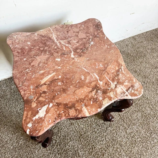Chinese Hand Carved Rosewood Pink Marble Top Side Table For Sale - Image 4 of 7