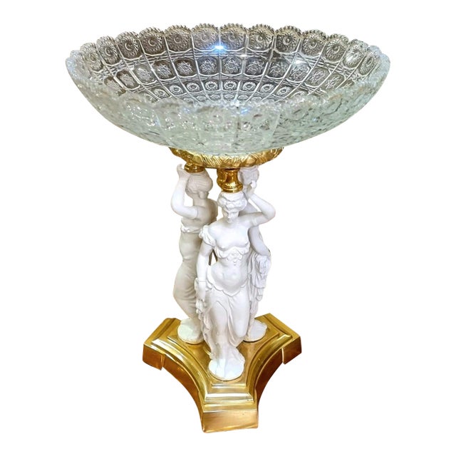French Classical Crystal Centerpiece Bowl With Figural Ladies Base & Gilt Accents For Sale