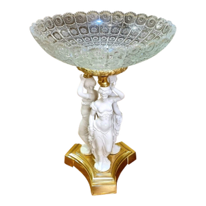 French Classical Crystal Centerpiece Bowl With Figural Ladies Base & Gilt Accents