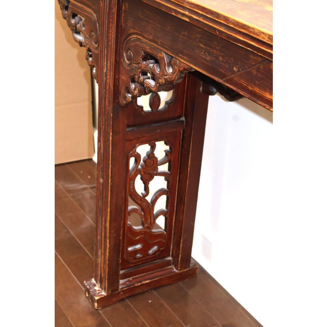 Wood 67” 19th Century Antique Chinese Qing Dynasty Dragon Altar Table Solid Elmwood Long Console For Sale - Image 7 of 13