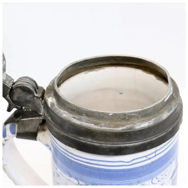 German Bayreuth Faience Pottery Pewter Mounted Blue and White Tankard For Sale - Image 11 of 13