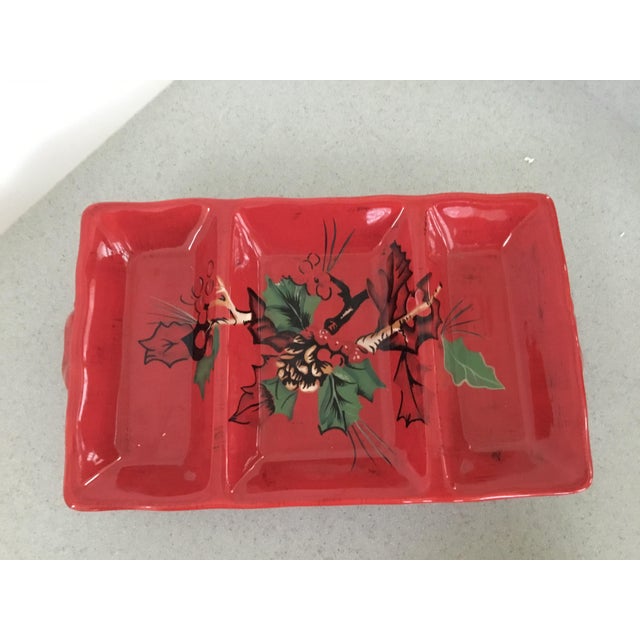 This hand- painted TracyPorter 3 section serving piece from the Winter collection with red background, green holly and...