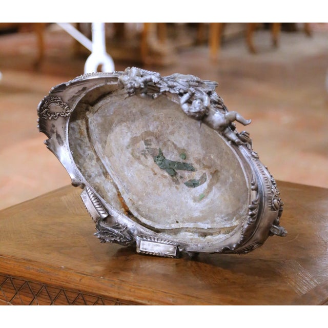 19th Century French Louis XV Rococo Silvered Oval Table Jardinière With Cherubs For Sale - Image 9 of 10