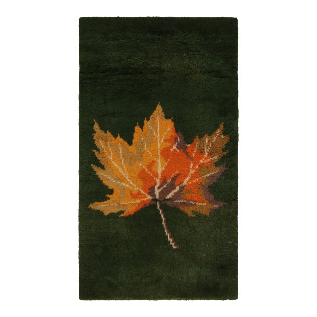 1950s Vintage Tulu Rug in Green With Orange and Gold Leaf Pictorial by Rug & Kilim For Sale