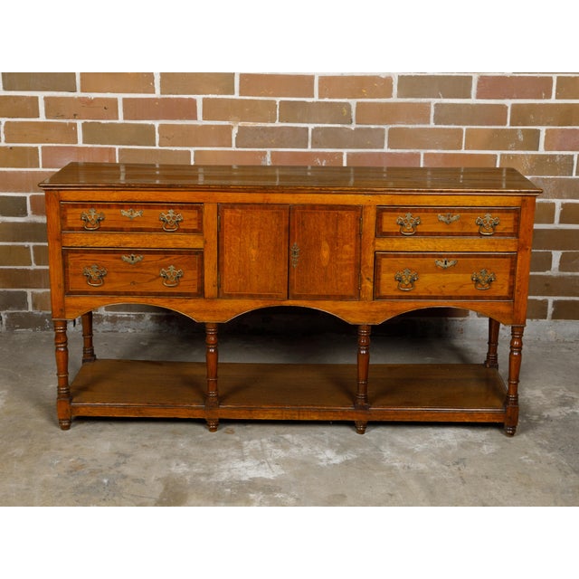 19th Century English 19th Century Oak Dresser Base with Marquetry, Doors and Drawers For Sale - Image 5 of 12