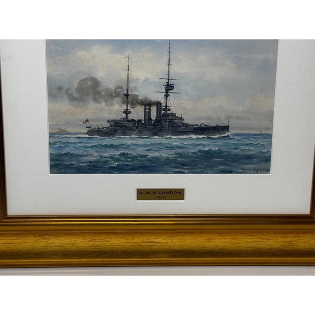 1910s Frank Watson Wood Painting HMS London Signed First World War Royal Navy Watercolour Historic Anstice and Dardanelles Associations For Sale - Image 5 of 18