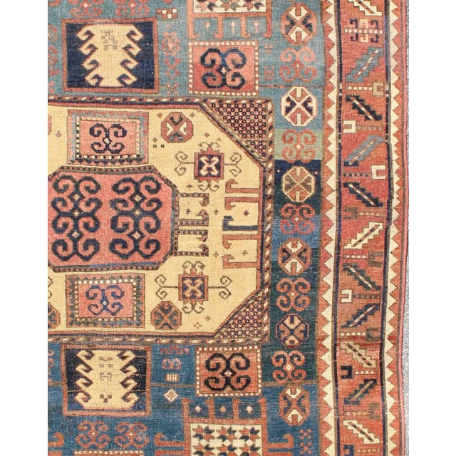 Tribal Antique Caucasian Karachopt Rug Large Rug in Blue, Salmon Teal and Soft Yellow 6'1 X 7' For Sale - Image 3 of 7