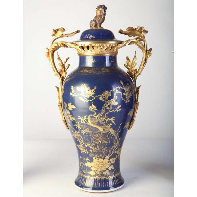 18th Century Chinese Powder Blue Gilt-Decorated Vases, 1780s, Set of 3 For Sale - Image 3 of 14