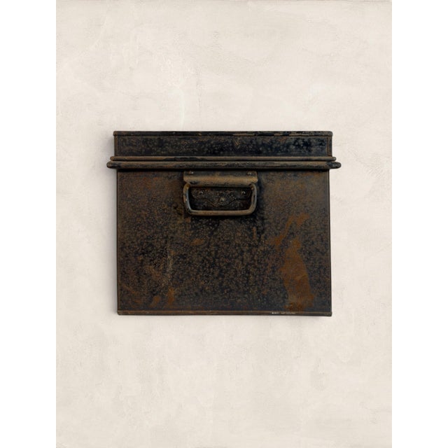 Antique English Painted Metal Deed Box A remarkable English painted metal deed box bearing its original hand-painted...