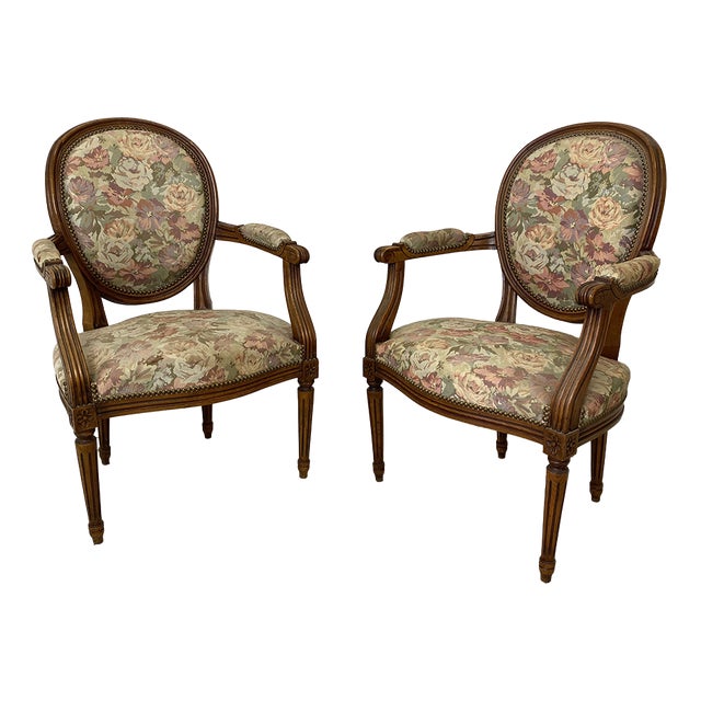 Louis XVI Style Cabriolet Armchairs with Medallion Backs, Set of 2 For Sale