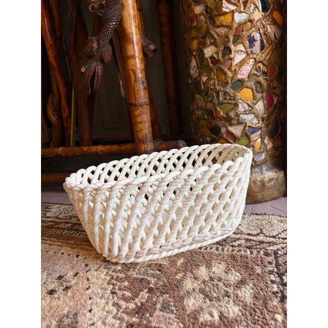 Rustic European 1960s Vintage Porcelain Basket Weave Cachepot Planter Spain For Sale - Image 3 of 4