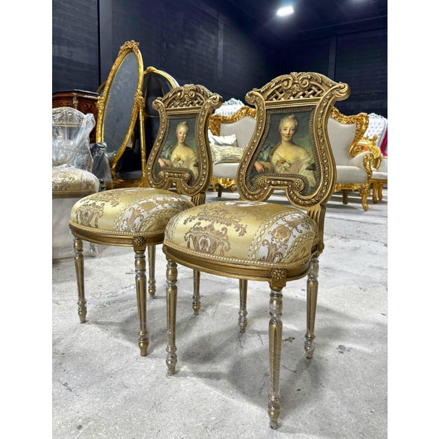 French Rococo Gold Accent Chair With Lady Portrait Set of 2 For Sale - Image 4 of 10