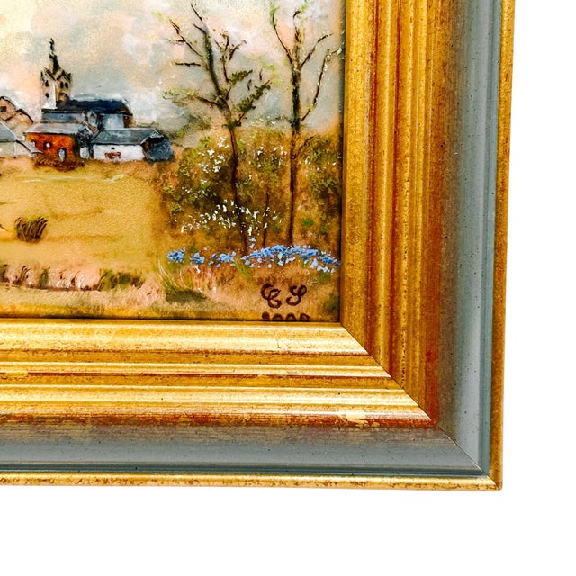 Vintage French Hand-Painted Petite Enamel Landscape Framed Paintings - Set of 2 For Sale - Image 9 of 13