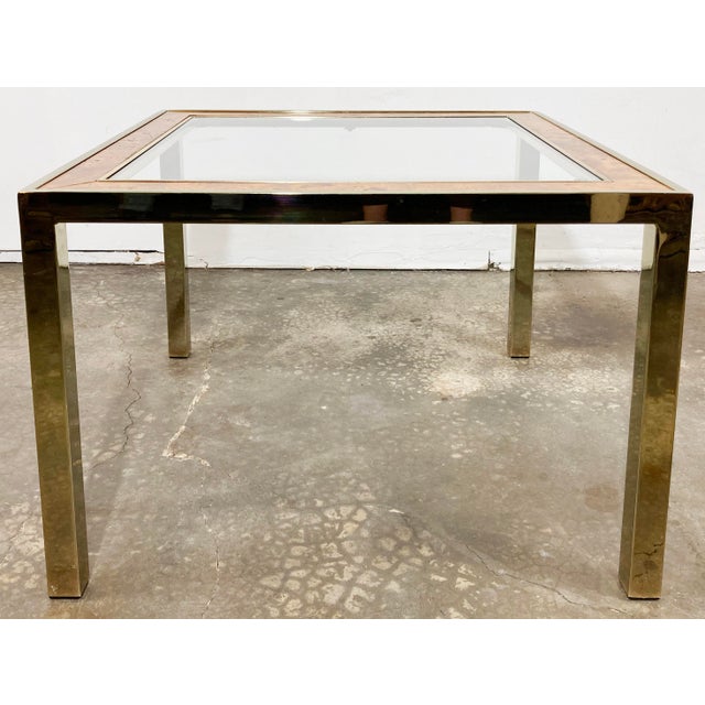 Mid-Century Modern Vintage Parsons Style Burl Wood and Brass Glass Top Side Table For Sale - Image 3 of 10
