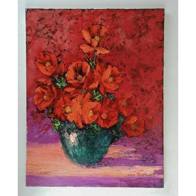 Contemporary Contemporary Vibrant Impasto Poppies in Teal Vase Still Life Painting For Sale - Image 3 of 4