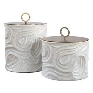 White Ceramic Fossil Brass Lid Canister Set of Two For Sale