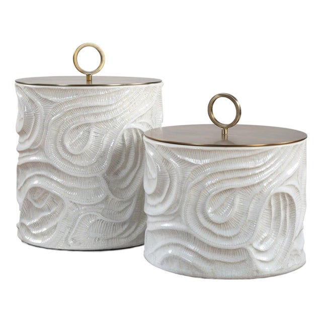 White Ceramic Fossil Brass Lid Canister Set of Two For Sale