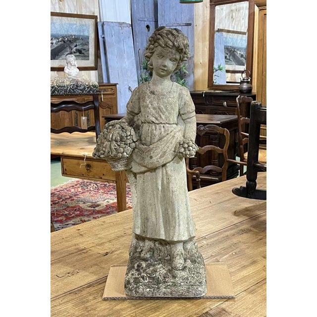 Reconstituted Stone Garden Statue Depicting a Young Woman with a Basket, 1970s For Sale - Image 4 of 4