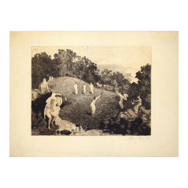 Figures in the Landscape - Original Etching by J. A. Flour - 1916 For Sale