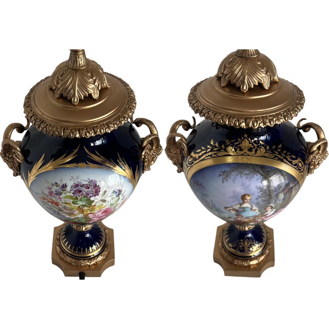 Antique Sevres Style Bronze Ormolu Têtes De Satyres Cobalt Blue Porcelain Table Lamp For Sale - Image 9 of 18