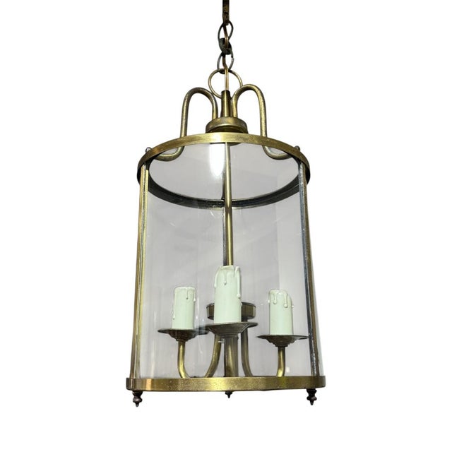 Hollywood Regency French Brass Lantern with Convex Glass Panels, France, 1950s For Sale - Image 3 of 7