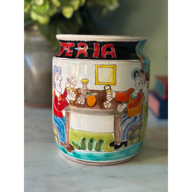 1960s MCM Giovanni DeSimone for Vietri "Osteria" Hand-Painted Ceramic Vase/ Cachepot For Sale - Image 5 of 9