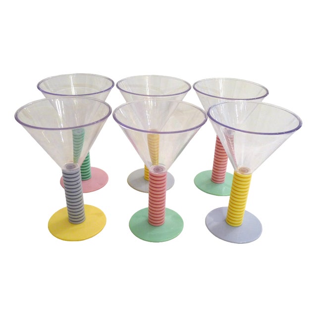 Vintage Two-Tone Stemmed Cocktail Glasses, 1980s, Set of 6 For Sale