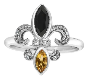 .925 Sterling Silver Black Onyx and Yellow Citrine Marquise and Diamond Accent Fleur De Lis Ring (H-I Color, SI1-SI2 Clarity) - Size 7