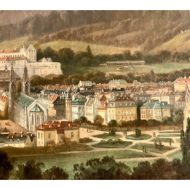 Wood C. 1890 Antique Central European Cityscape Oil Painting With Cathedral and Hillside Castle Framed For Sale - Image 7 of 10