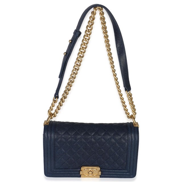 Animal Skin Navy Quilted Caviar Old Medium Boy Handbag For Sale - Image 7 of 8