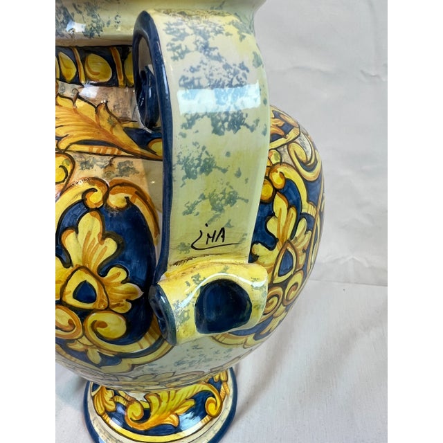 Traditional 1990s Italian Hand-Painted Blue Urn With Scrolled Handles For Sale - Image 3 of 12