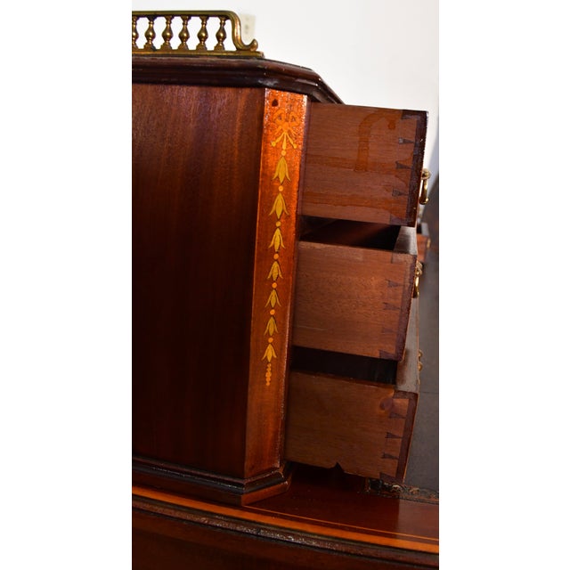 1900s Antique Federal Style Inlaid Mahogany Writing Desk With Leather Top & Gallery Birmingham Desk For Sale - Image 13 of 18