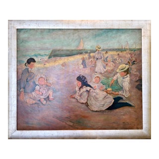 Large Impressionist Seaside Family Scene Reproduction Oil Painting on Canvas For Sale