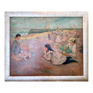 Large Impressionist Seaside Family Scene Reproduction Oil Painting on Canvas