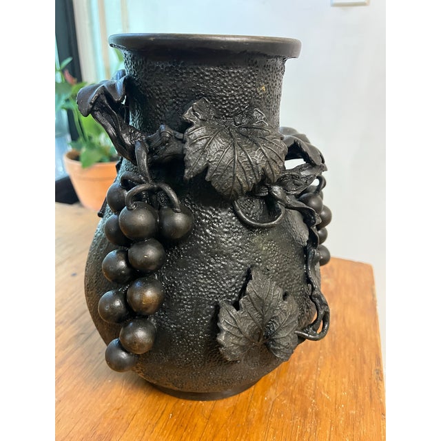 Antique Japanese Bronze Textured Black Metal Floral Vase Meiji Era For Sale - Image 11 of 12