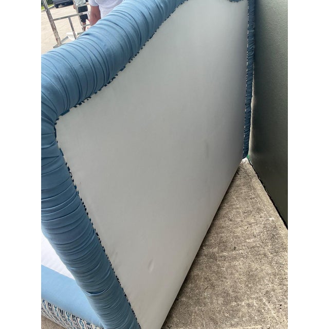 Cornflower Blue Vintage Upholstered Queen Bed Frame For Sale - Image 8 of 13