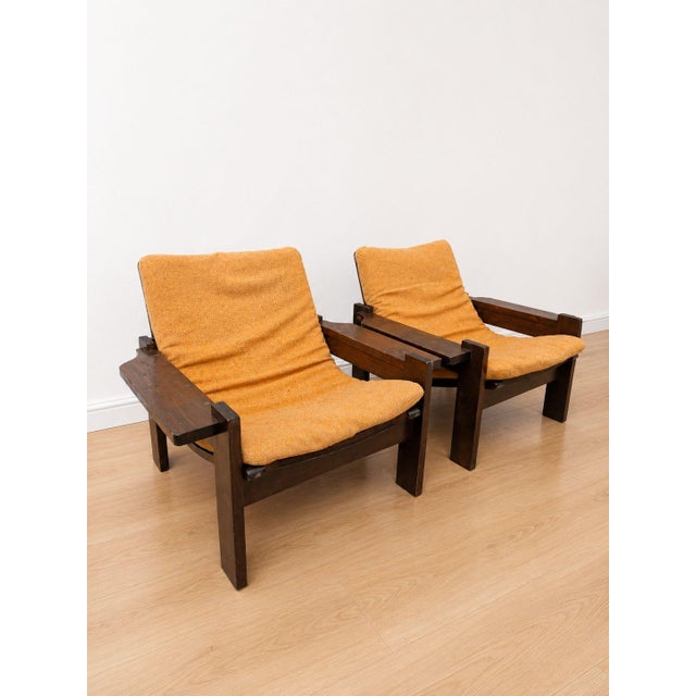 1970s Vintage Oak and Orange Velvet Armchairs, 1979, Set of 2 For Sale - Image 5 of 8